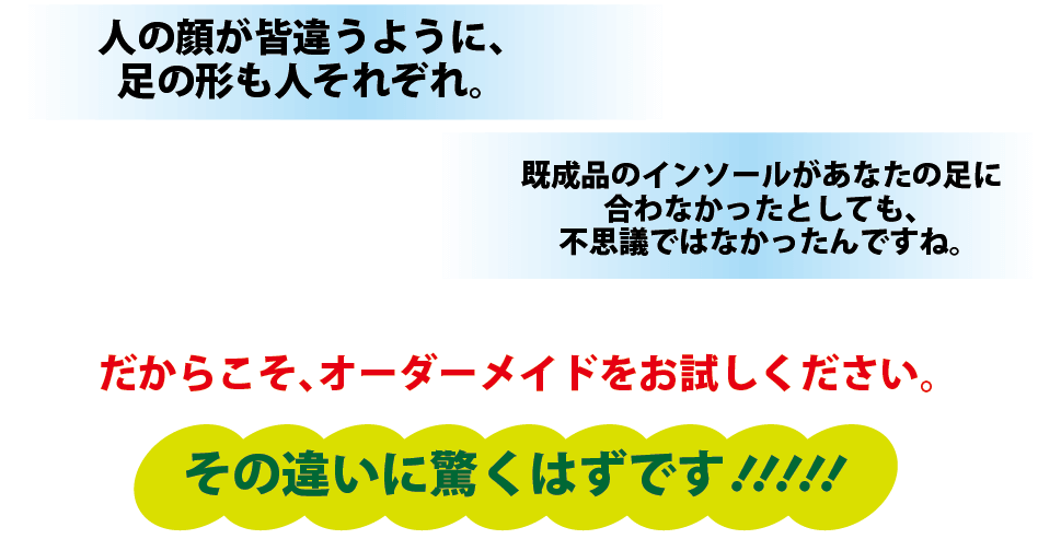 足の形はひとそれぞれ!だからこそオーダーメイドをお試しください!その違いに驚くはずです!